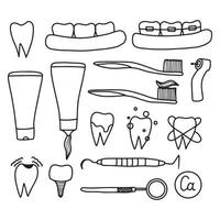 Dentistry icons set. Teeth, dentures, orthodontic, dental instruments. Doodle style. Vector illustration.