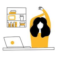 Stretching at work. A woman is sitting at her desk with a laptop, relaxing and stretching. A woman has a short break while working at the computer. vector