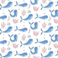 pattern with cute blue whales and seaweeds. Children's hand-drawn pattern. Vector pattern with sea animals.