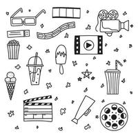 Doodle set of cinema elements. Set of abstract isolated design elements. Hand drawn vector black and white illustration.