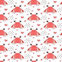 pattern with cute crabs. Children's pattern with red crabs and hearts. Vector pattern.