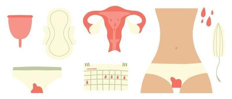 Female menstruation. Women with period and hygiene product tampon, sanitary pads and menstrual cup. Menstruation period, menstrual accessory tampon illustration.