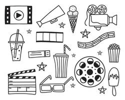 Doodle set of cinema elements. Set of abstract isolated design elements. Hand drawn vector black and white illustration.