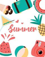 Summer postcard. Summer card with fruits, camera, suitcase.Vector illustration. vector