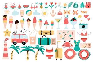 Big set of summer elements. Vector summer set with swimwear, ice cream, suitcases, cocktails, palm trees and more.