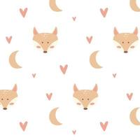 Childish pattern with cute fox head and hearts. Kid's boho style. Drawn pattern with fox moon and hearts. vector