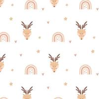 Childish pattern with cute deer head and rainbow. Kid's boho style. Hand-drawn pattern with deer. Vetor illustration. vector