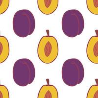 Fruit plum seamless pattern, great design for any purposes. Hand drawn fabric texture pattern. Healthy food background. Vector flat style summer graphic. On white background.