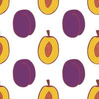 Fruit plum seamless pattern, great design for any purposes. Hand drawn fabric texture pattern. Healthy food background. Vector flat style summer graphic. On white background.