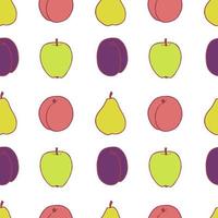 Fruit plum, pear, peach and apple seamless pattern, great design for any purposes. Hand drawn fabric texture pattern. Healthy food background. Vector flat style summer graphic. On white background.