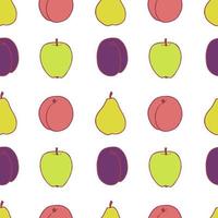 Fruit plum, pear, peach and apple seamless pattern, great design for any purposes. Hand drawn fabric texture pattern. Healthy food background. Vector flat style summer graphic. On white background.