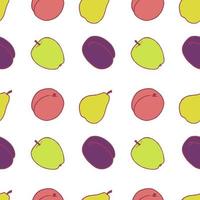 Fruit plum, pear, peach and apple seamless pattern, great design for any purposes. Hand drawn fabric texture pattern. Healthy food background. Vector flat style summer graphic. On white background.