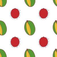 Fruit mango and rambutan seamless pattern, great design for any purposes. Hand drawn fabric texture pattern. Healthy food background. Vector flat style summer graphic. On white background.