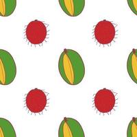 Fruit mango and rambutan seamless pattern, great design for any purposes. Hand drawn fabric texture pattern. Healthy food background. Vector flat style summer graphic. On white background.