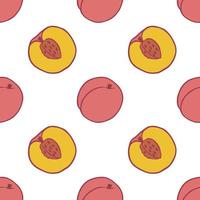 Fruit peach seamless pattern, great design for any purposes. Hand drawn fabric texture pattern. Healthy food background. Vector flat style summer graphic. On white background.