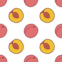 Fruit peach seamless pattern, great design for any purposes. Hand drawn fabric texture pattern. Healthy food background. Vector flat style summer graphic. On white background.