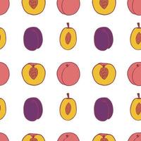 Fruit plum and peach seamless pattern, great design for any purposes. Hand drawn fabric texture pattern. Healthy food background. Vector flat style summer graphic. On white background.
