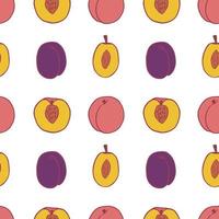 Fruit plum and peach seamless pattern, great design for any purposes. Hand drawn fabric texture pattern. Healthy food background. Vector flat style summer graphic. On white background.