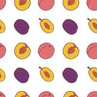 Fruit plum and peach seamless pattern, great design for any purposes. Hand drawn fabric texture pattern. Healthy food background. Vector flat style summer graphic. On white background.