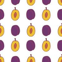 Fruit plum seamless pattern, great design for any purposes. Hand drawn fabric texture pattern. Healthy food background. Vector flat style summer graphic. On white background.