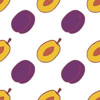 Fruit plum seamless pattern, great design for any purposes. Hand drawn fabric texture pattern. Healthy food background. Vector flat style summer graphic. On white background.