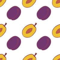 Fruit plum seamless pattern, great design for any purposes. Hand drawn fabric texture pattern. Healthy food background. Vector flat style summer graphic. On white background.