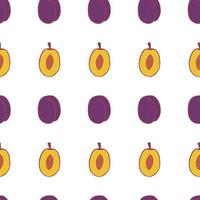 Fruit plum seamless pattern, great design for any purposes. Hand drawn fabric texture pattern. Healthy food background. Vector flat style summer graphic. On white background.