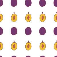 Fruit plum seamless pattern, great design for any purposes. Hand drawn fabric texture pattern. Healthy food background. Vector flat style summer graphic. On white background.