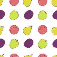 Fruit plum, pear, peach and apple seamless pattern, great design for any purposes. Hand drawn fabric texture pattern. Healthy food background. Vector flat style summer graphic. On white background.