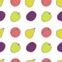 Fruit plum, pear, peach and apple seamless pattern, great design for any purposes. Hand drawn fabric texture pattern. Healthy food background. Vector flat style summer graphic. On white background.