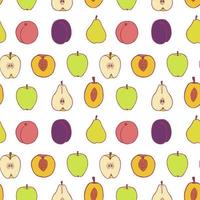 Fruit plum, pear, peach and apple seamless pattern, great design for any purposes. Hand drawn fabric texture pattern. Healthy food background. Vector flat style summer graphic. On white background.