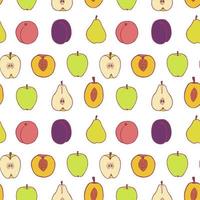 Fruit plum, pear, peach and apple seamless pattern, great design for any purposes. Hand drawn fabric texture pattern. Healthy food background. Vector flat style summer graphic. On white background.