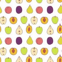 fruta ciruela, pera, melocotón y manzana patrón sin fisuras, gran diseño para cualquier propósito. patrón de textura de tela dibujada a mano. fondo de alimentos saludables. gráfico vectorial de verano de estilo plano. sobre fondo blanco vector