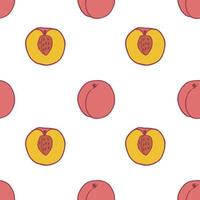 Fruit peach seamless pattern, great design for any purposes. Hand drawn fabric texture pattern. Healthy food background. Vector flat style summer graphic. On white background.