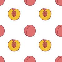 Fruit peach seamless pattern, great design for any purposes. Hand drawn fabric texture pattern. Healthy food background. Vector flat style summer graphic. On white background.