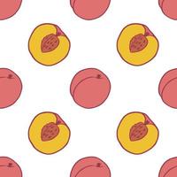 Fruit peach seamless pattern, great design for any purposes. Hand drawn fabric texture pattern. Healthy food background. Vector flat style summer graphic. On white background.