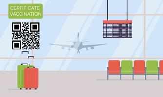 Covid-19 vaccination certificate with QR code for travel. Airport, departure hall, electronic scoreboard. Concept of health with coronavirus vaccination. Traveling during pandemic vector