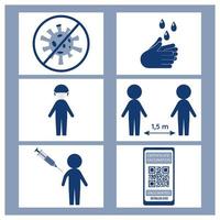 Badges, poster about precautions, protection from coronavirus infection COVID 19. Coronavirus advice for public via icons. Medical mask, vaccination, hand washing, social distance