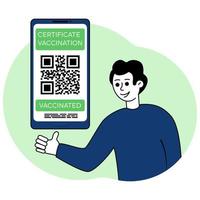 Joyful person, men shows an electronic certificate of vaccination against COVID-19 coronavirus with QR code on smartphone screen. Health passport. QR code in mobile app vector