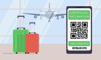 Certificate of vaccination against COVID-19 coronavirus with QR code on smartphone screen. Travel suitcases in airport terminal. Concept of traveling during pandemic. QR code in mobile app vector