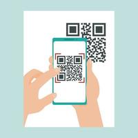 escanee el código qr usando su teléfono inteligente. la persona sostiene el teléfono en las manos y escanea el código qr. tecnologías digitales, aplicación móvil, código de barras bidimensional. respuesta rápida. vector