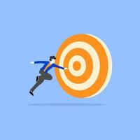 Goal and achievement concept. A smart businessman running and jumping to the dartboard. Business success, leadership vision, motivation. vector