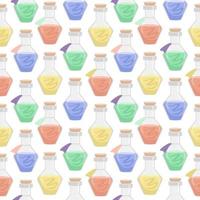 Vector seamless pattern of flasks of various shapes. Vessels for liquid. Colored Halloween elements