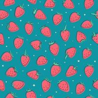 Hand drawn strawberry seamless vector pattern. Pink berries with black doodle outline on blue background