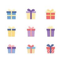 Set of colored gift boxes with ribbon. Beautiful festive packaging for Birthday, Christmas. vector