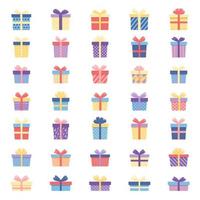 Big set of colored gift boxes with ribbon. Beautiful festive packaging for Birthday, Christmas. vector
