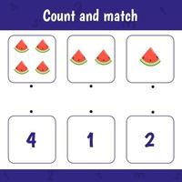 Count and match. Math activity game for kids education. Watermelon vector