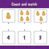 Count and match. Math activity game for kids. Pineapple vector