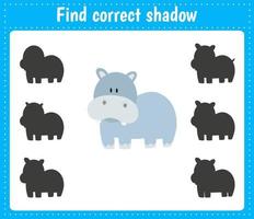 Find the correct shadow. Hippo. Animals vector
