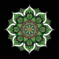 Tropical floral mandala design on dark background including leaves and flower in green, pink, red, black, white colors